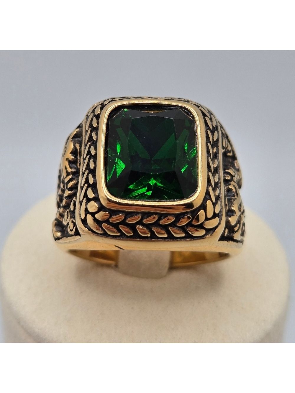 Stainless Steel Gold-Tone Dragon Green Stone Men Ring Size 9